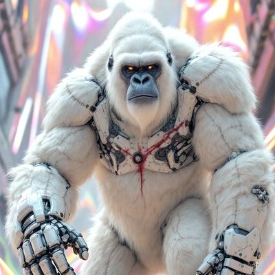 The primary subject of the image is a large, white, and furry gorilla. The gorilla is wearing a futuristic, metallic suit, giving it a robotic appearance. The setting is a futuristic city, with a backdrop of a colorful, abstract wall. The visual style is a combination of photo and digital art, creating a unique and intriguing scene. The colors and mood of the image are predominantly white and silver, with a hint of futuristic and robot
